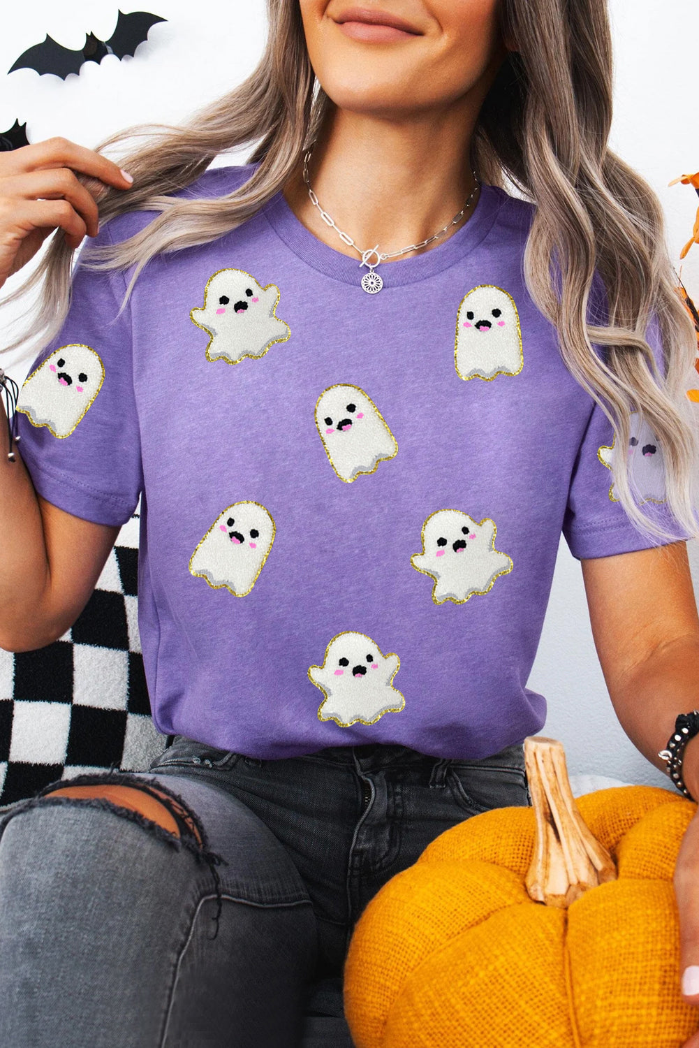Wisteria Glitter Trim Chenille Ghost Sequins Patch Halloween Graphic Tee