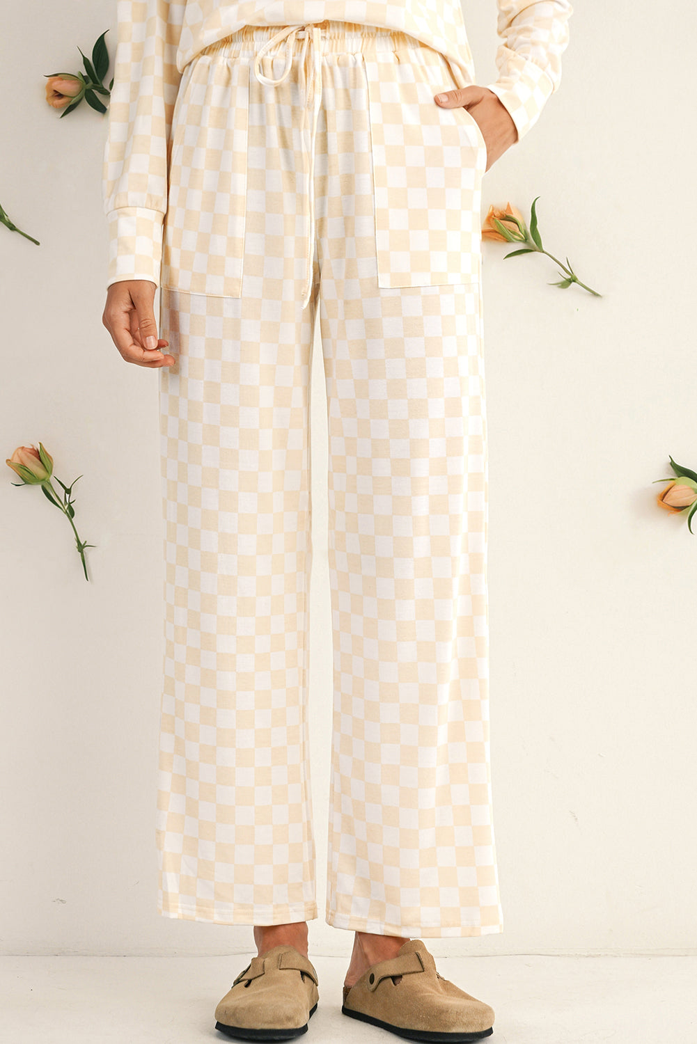 Beige Checkered Print Long Sleeve Loose Fit Pajama Set