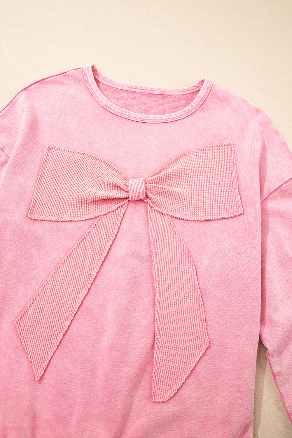 Orchid Bouquet Mineral Wash Waffle Bow Patched Pullover Sweatshirt
