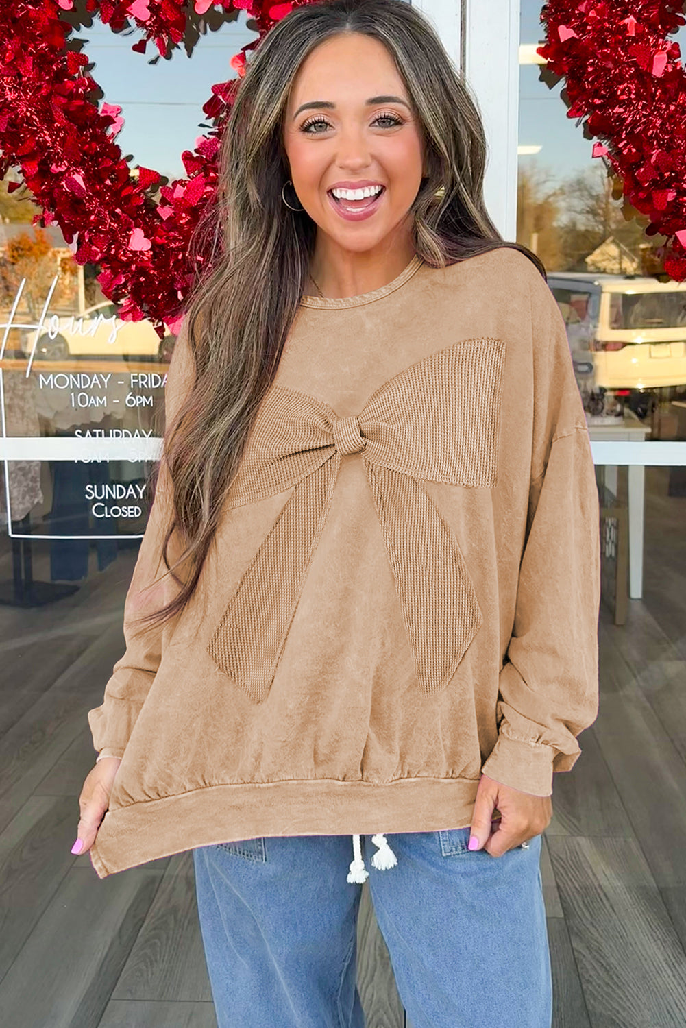 Orchid Bouquet Mineral Wash Waffle Bow Patched Pullover Sweatshirt