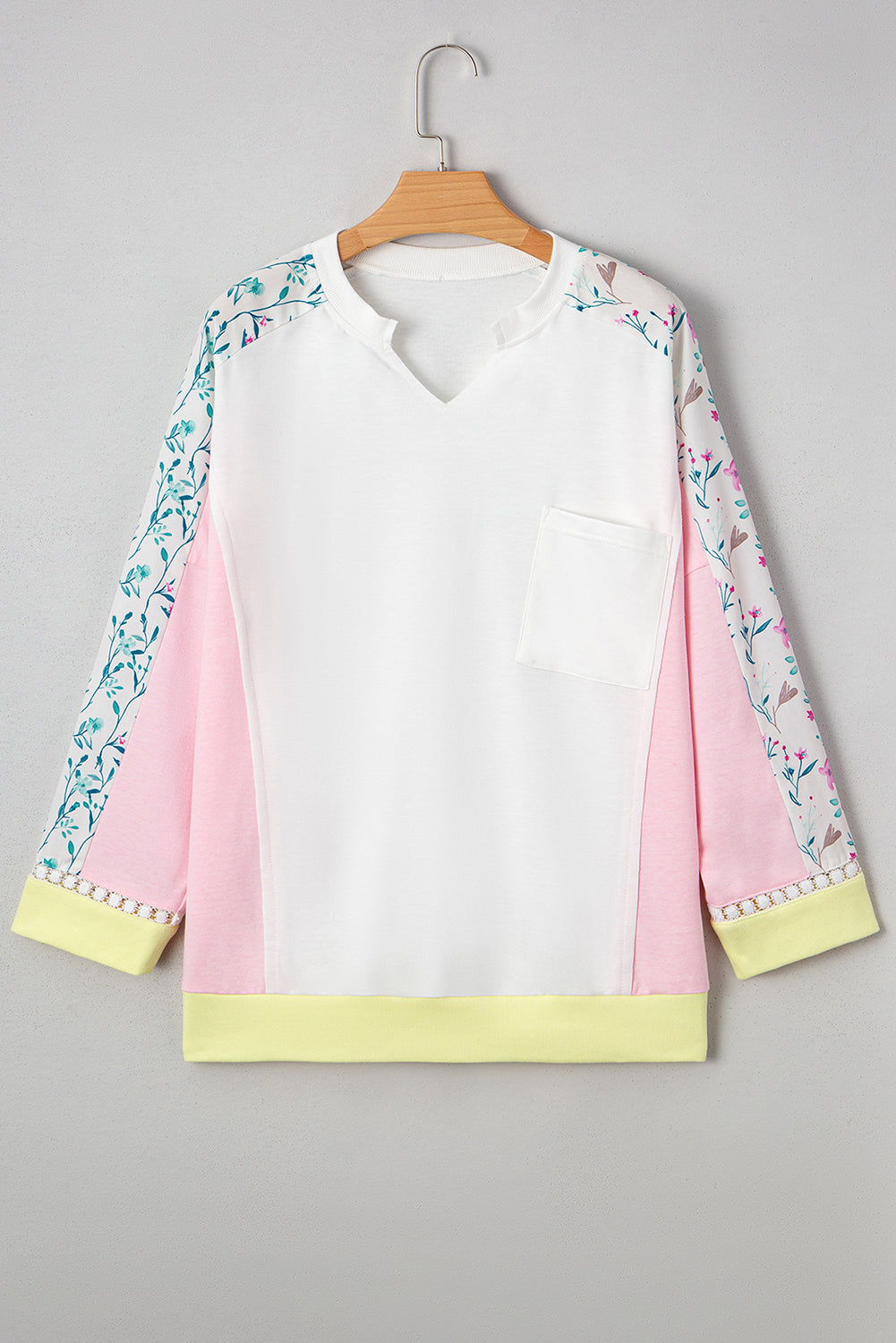 Light Pink Floral Colorblock Patchwork Notched Neck Long Sleeve Top