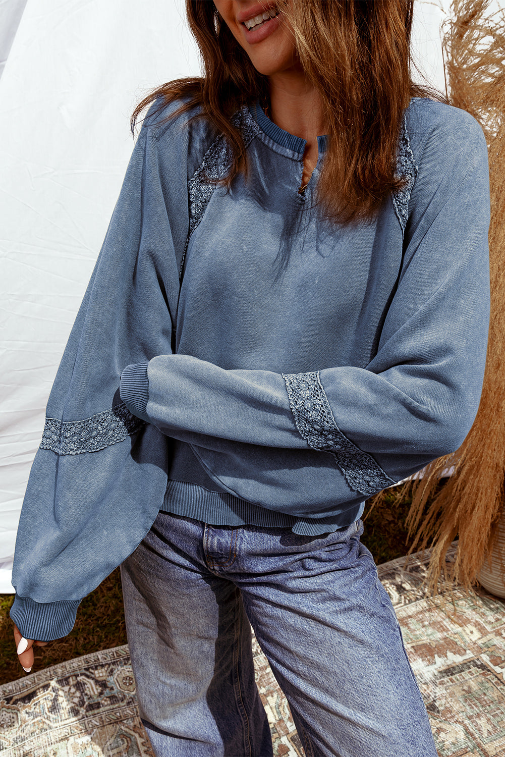 Red Dahlia Lace Applique Notched Neck Mineral Wash Baggy Sweatshirt