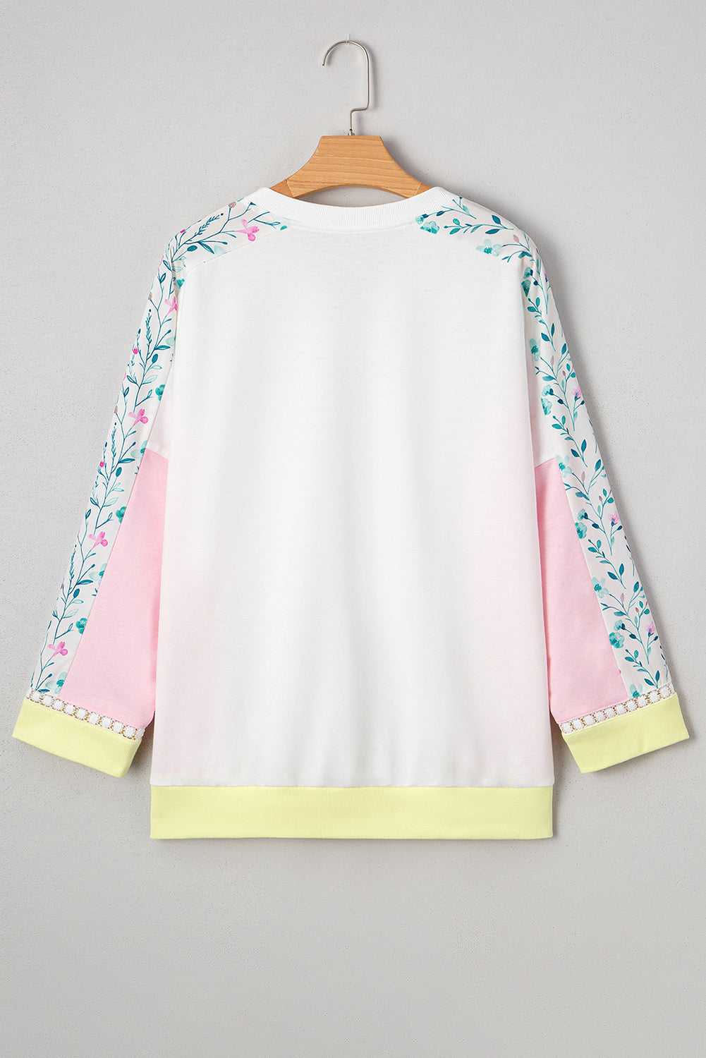 Light Pink Floral Colorblock Patchwork Notched Neck Long Sleeve Top