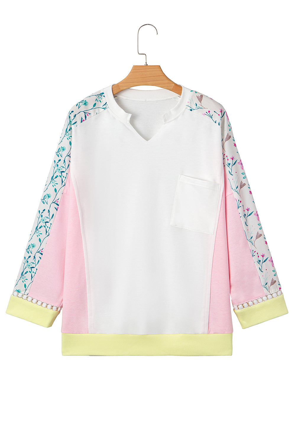 Light Pink Floral Colorblock Patchwork Notched Neck Long Sleeve Top