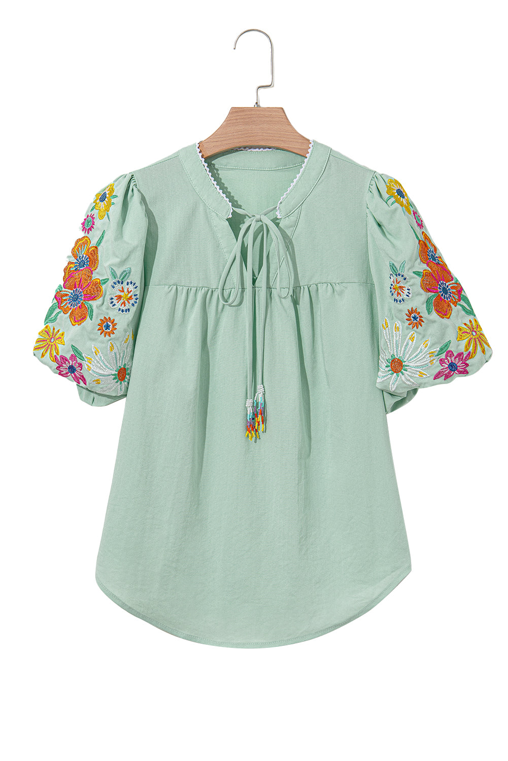 Beau Blue Floral Embroidered Puff Sleeve Split Neck Blouse