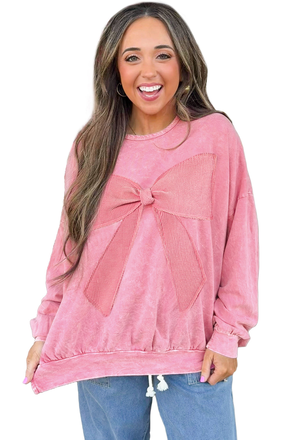 Orchid Bouquet Mineral Wash Waffle Bow Patched Pullover Sweatshirt