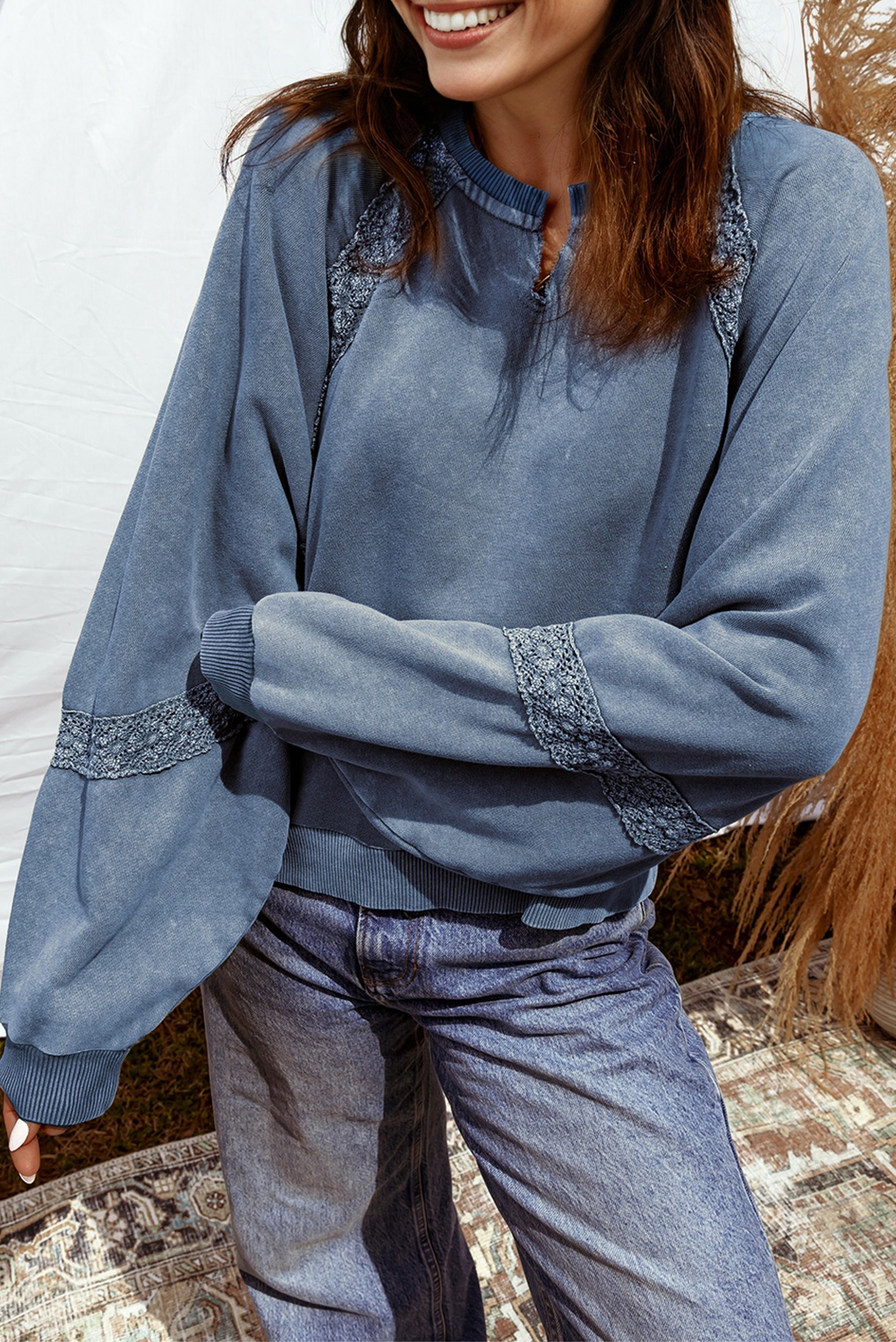 Red Dahlia Lace Applique Notched Neck Mineral Wash Baggy Sweatshirt