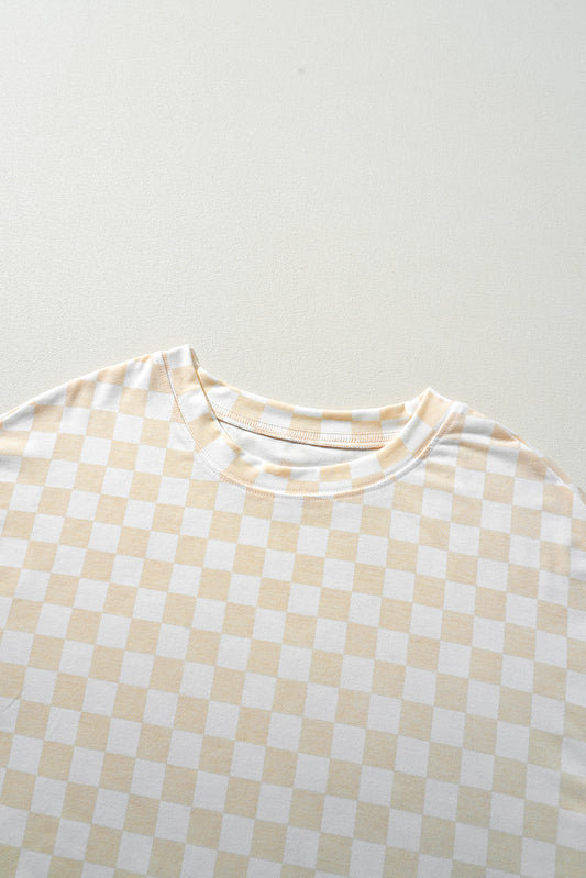 Beige Checkered Print Long Sleeve Loose Fit Pajama Set