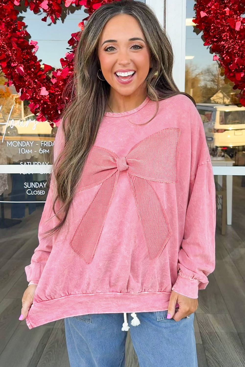 Orchid Bouquet Mineral Wash Waffle Bow Patched Pullover Sweatshirt