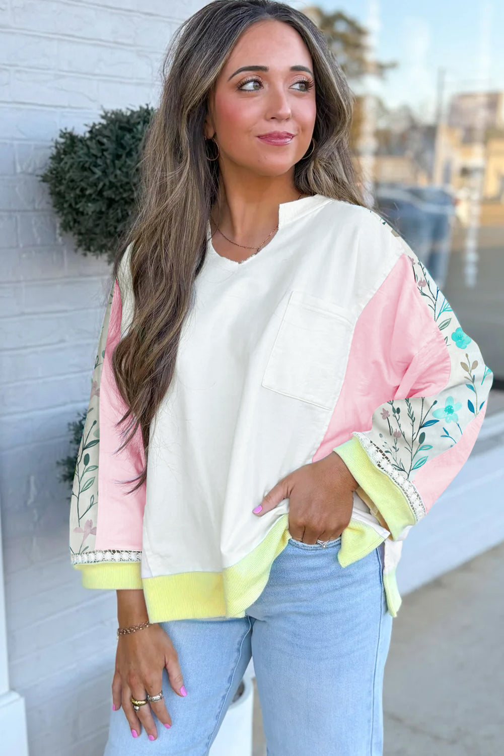 Light Pink Floral Colorblock Patchwork Notched Neck Long Sleeve Top