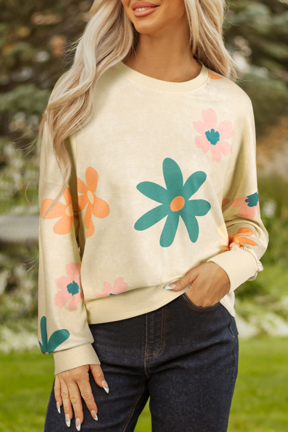 Khaki Flower Print Drop Shoulder Mineral Wash Sweatshirt