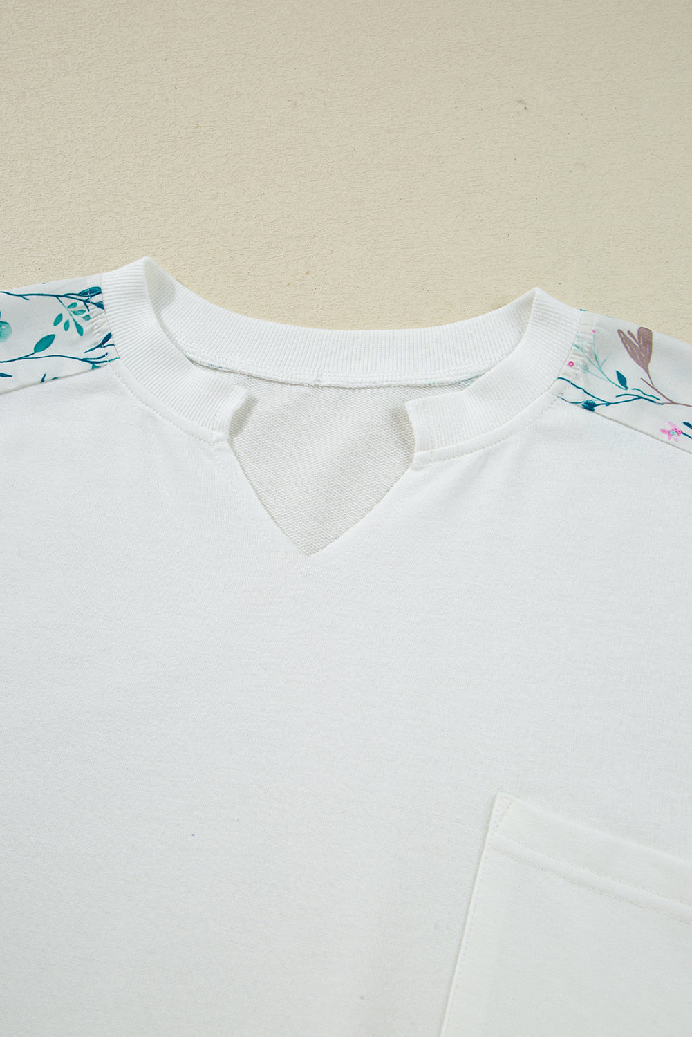 Light Pink Floral Colorblock Patchwork Notched Neck Long Sleeve Top