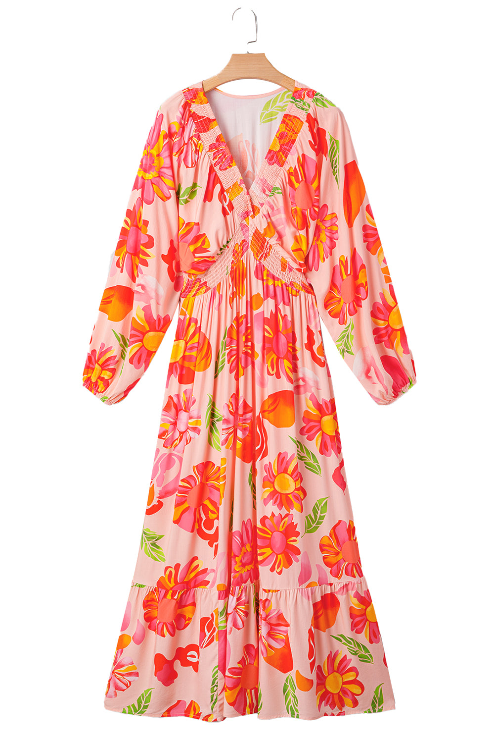 Beige Floral Print Shirred Detail Puff Sleeve Flowy Maxi Dress