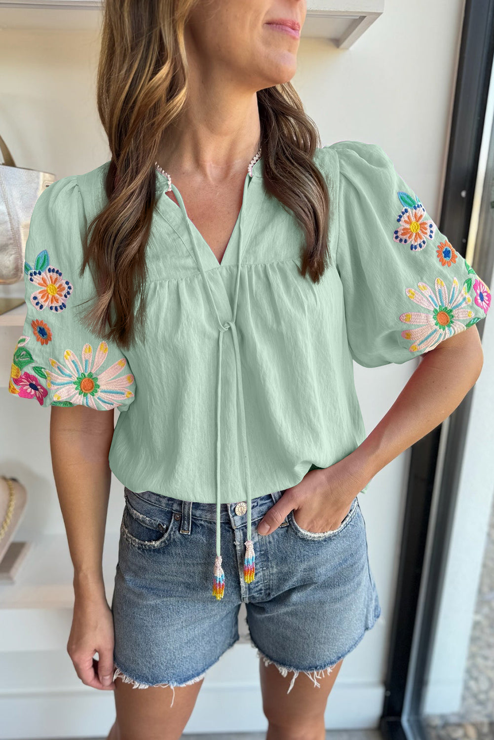 Beau Blue Floral Embroidered Puff Sleeve Split Neck Blouse