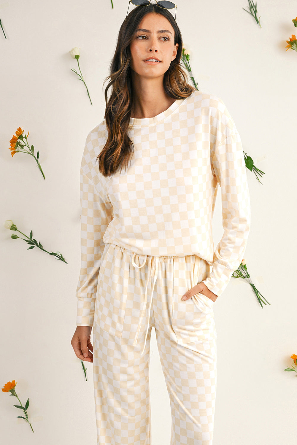 Beige Checkered Print Long Sleeve Loose Fit Pajama Set