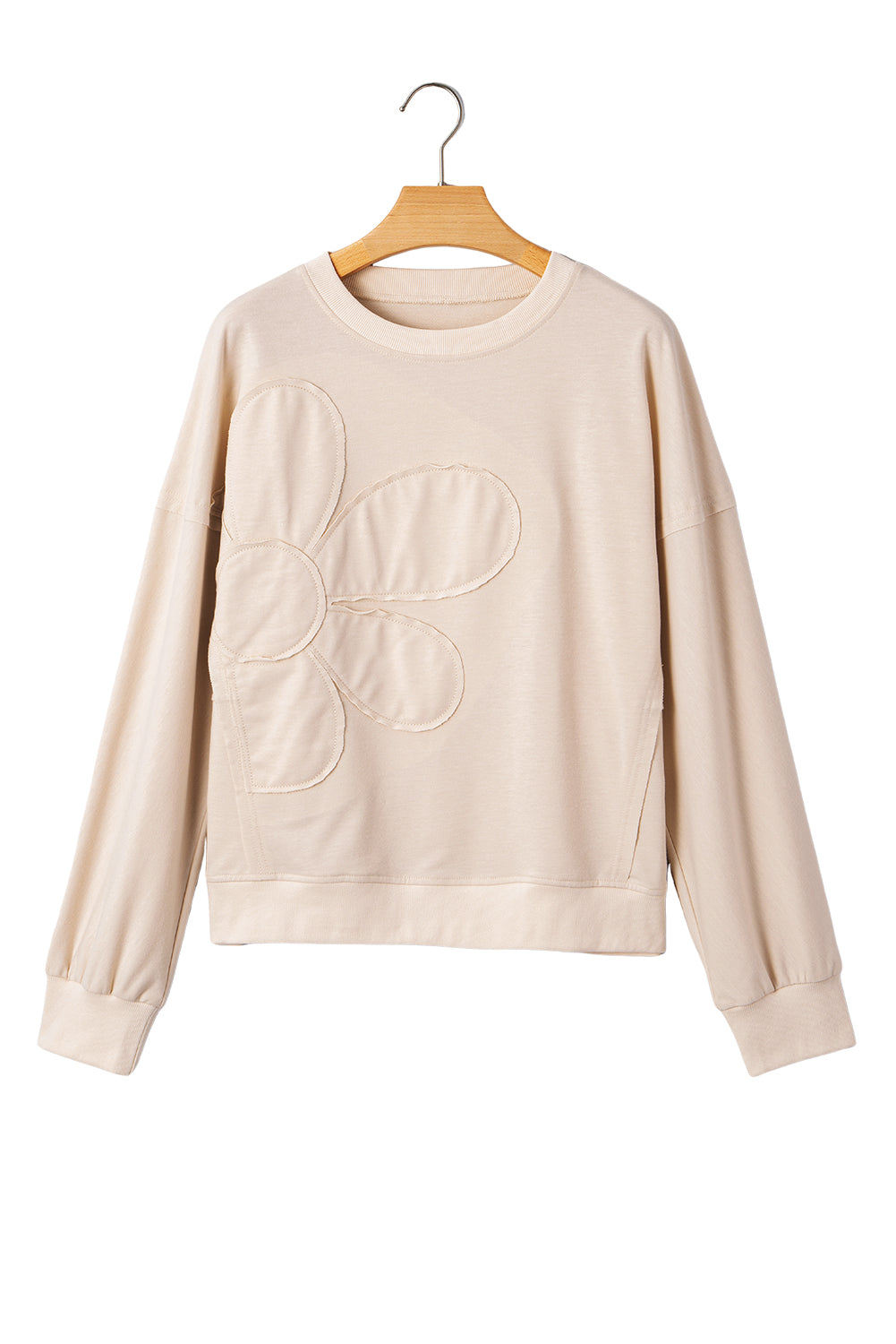 Smoke Green Raw Edge Flower Patch Drop Shoulder Long Sleeve Top