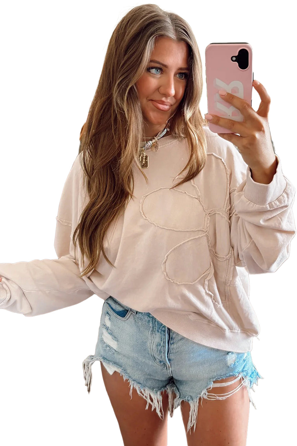 Smoke Green Raw Edge Flower Patch Drop Shoulder Long Sleeve Top