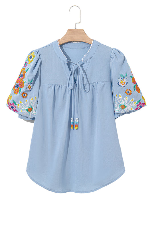 Beau Blue Floral Embroidered Puff Sleeve Split Neck Blouse