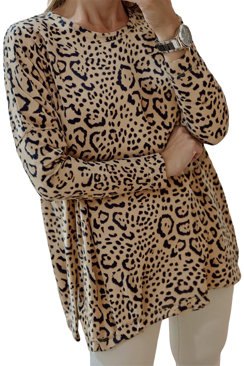 Khaki Leopard Print Long Batwing Sleeve Loose Top