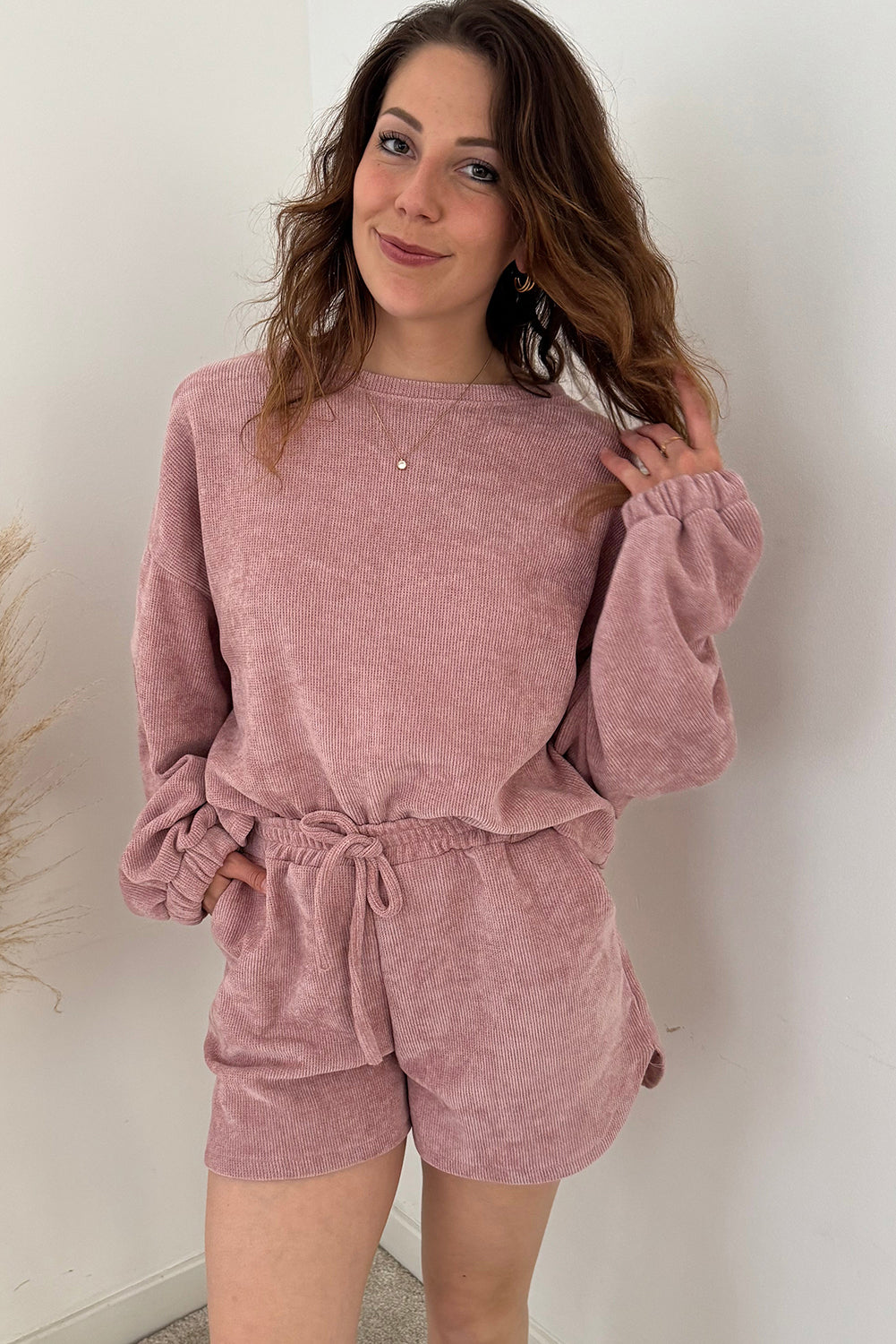 Jet Stream Textured Knit Drop Shoulder Pullover Drawstring Shorts Set