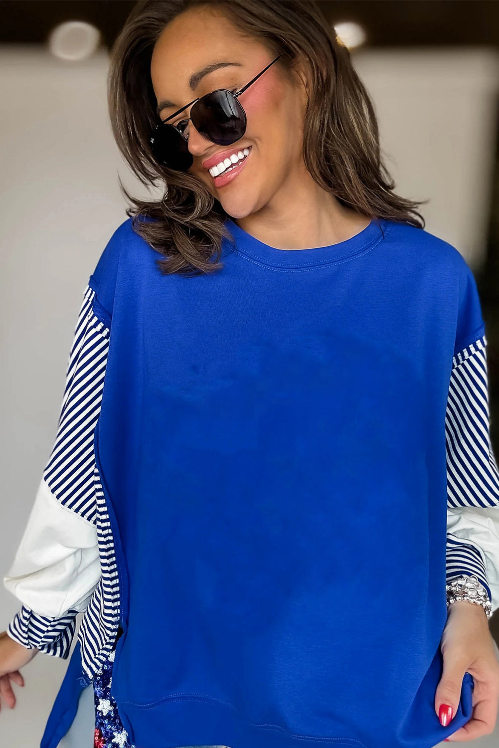 Fiery Red Striped Patchwork Sleeve Colorblock Sweatshirt