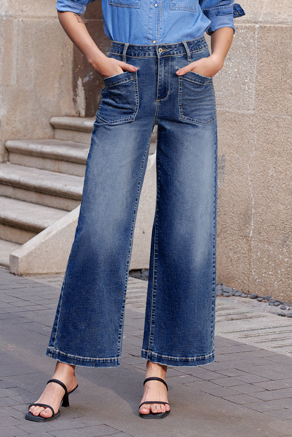 Brown Minimalist Patch Pocket High Waist Shift Jeans