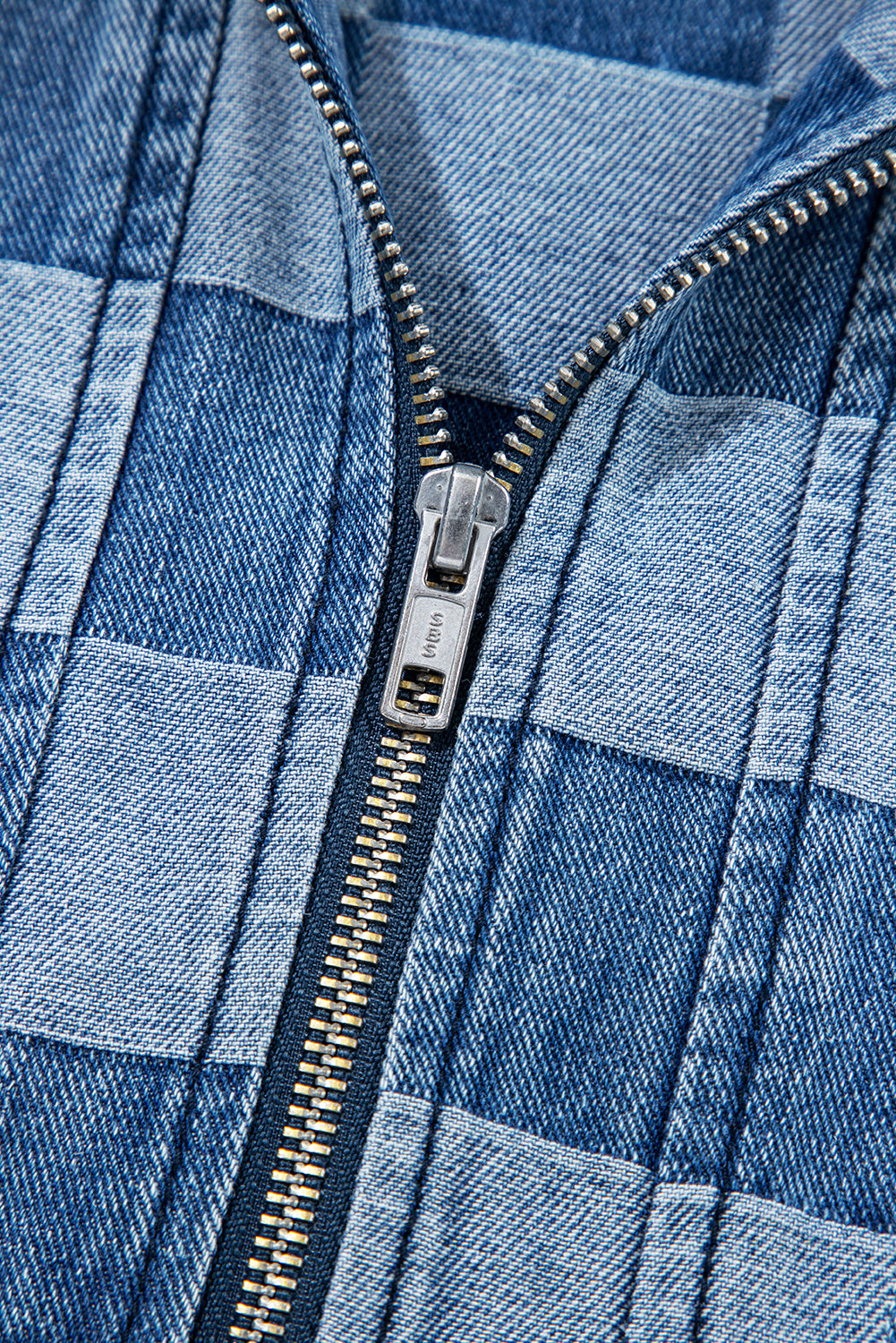 Sky Blue Checkerboard Zipped Collar Kangaroo Pocket Denim Hoodie