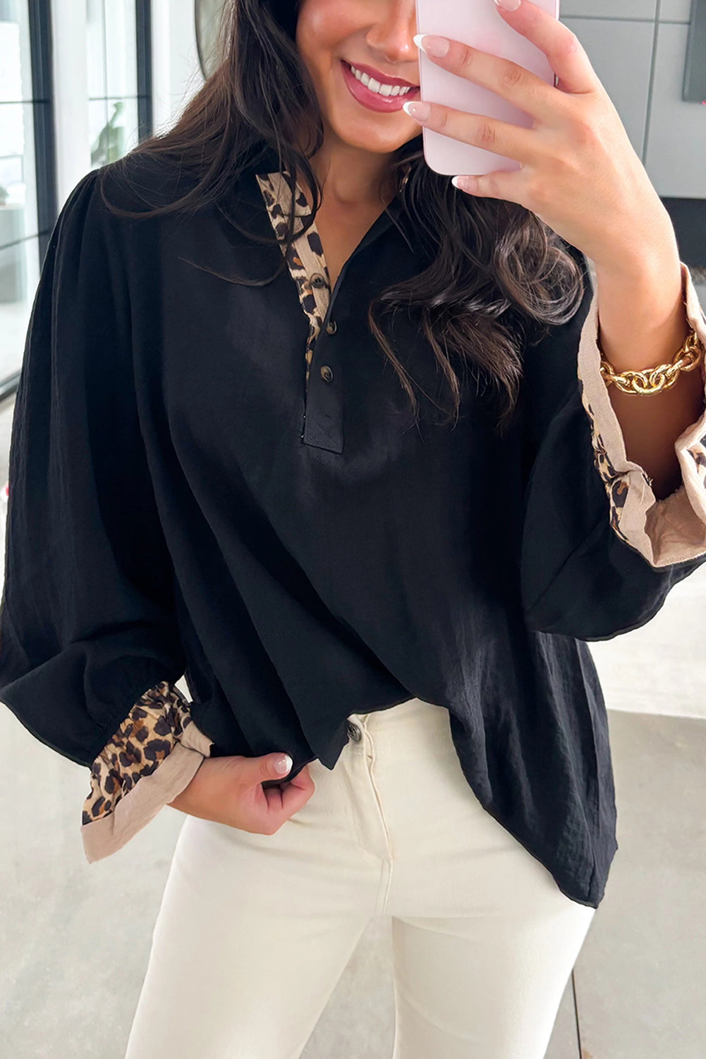 Black Leopard Contrast V Neck Long Sleeve Blouse