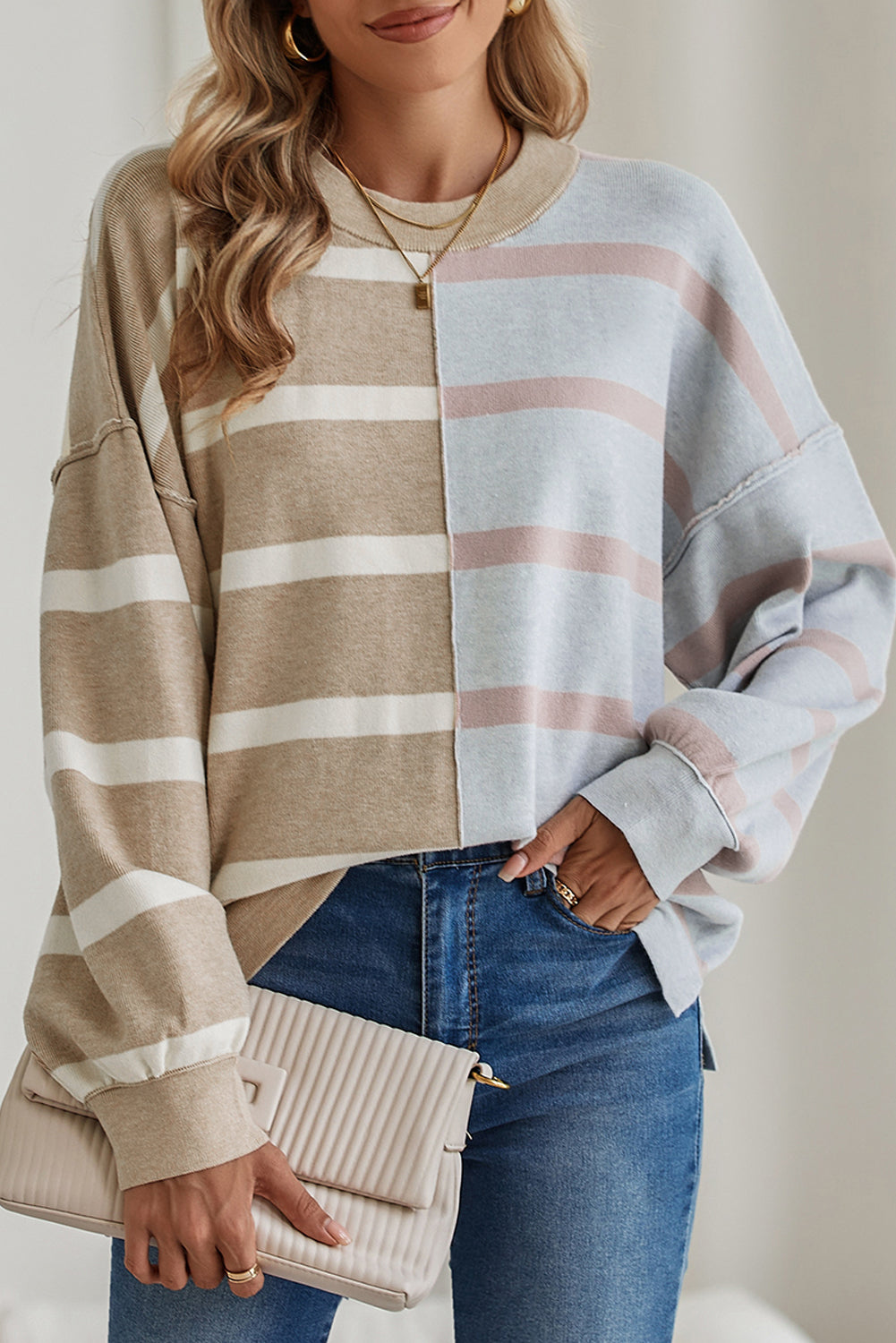 Blue Stripe Exposed Seam Patchwork Loose Sweater