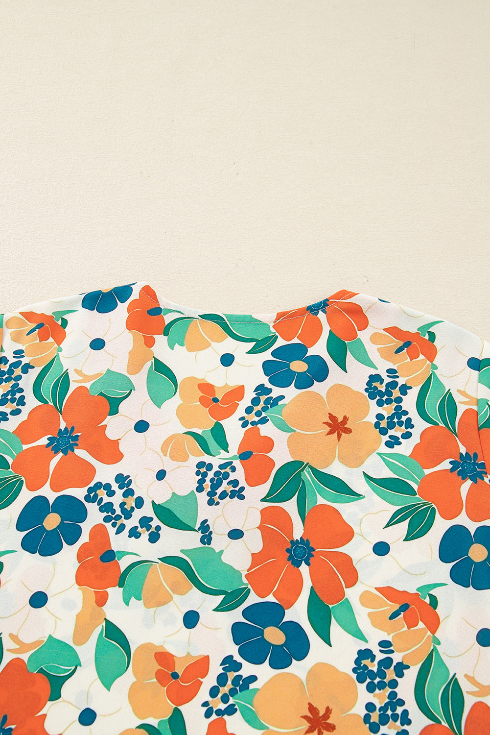 Orange Frilled V Neck Floral Print Bracelet Sleeve Blouse