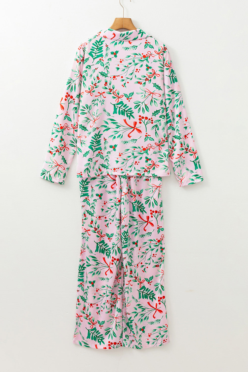 Pink Christmas Print Plush Edge Collar Shirt Pants Pajama Set