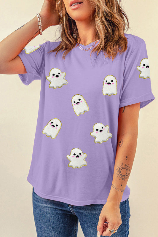 Wisteria Glitter Trim Chenille Ghost Sequins Patch Halloween Graphic Tee