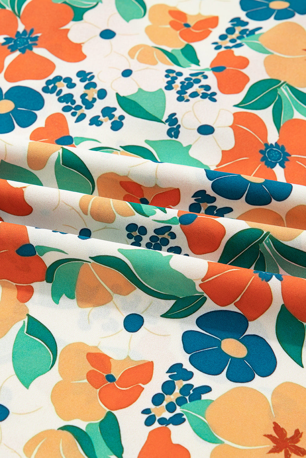 Orange Frilled V Neck Floral Print Bracelet Sleeve Blouse