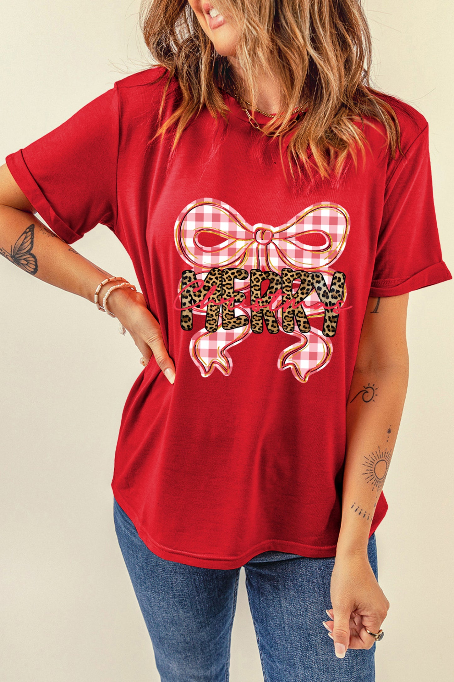 Red Leopard Merry Christmas Plaid Bow Graphic Holiday T Shirt