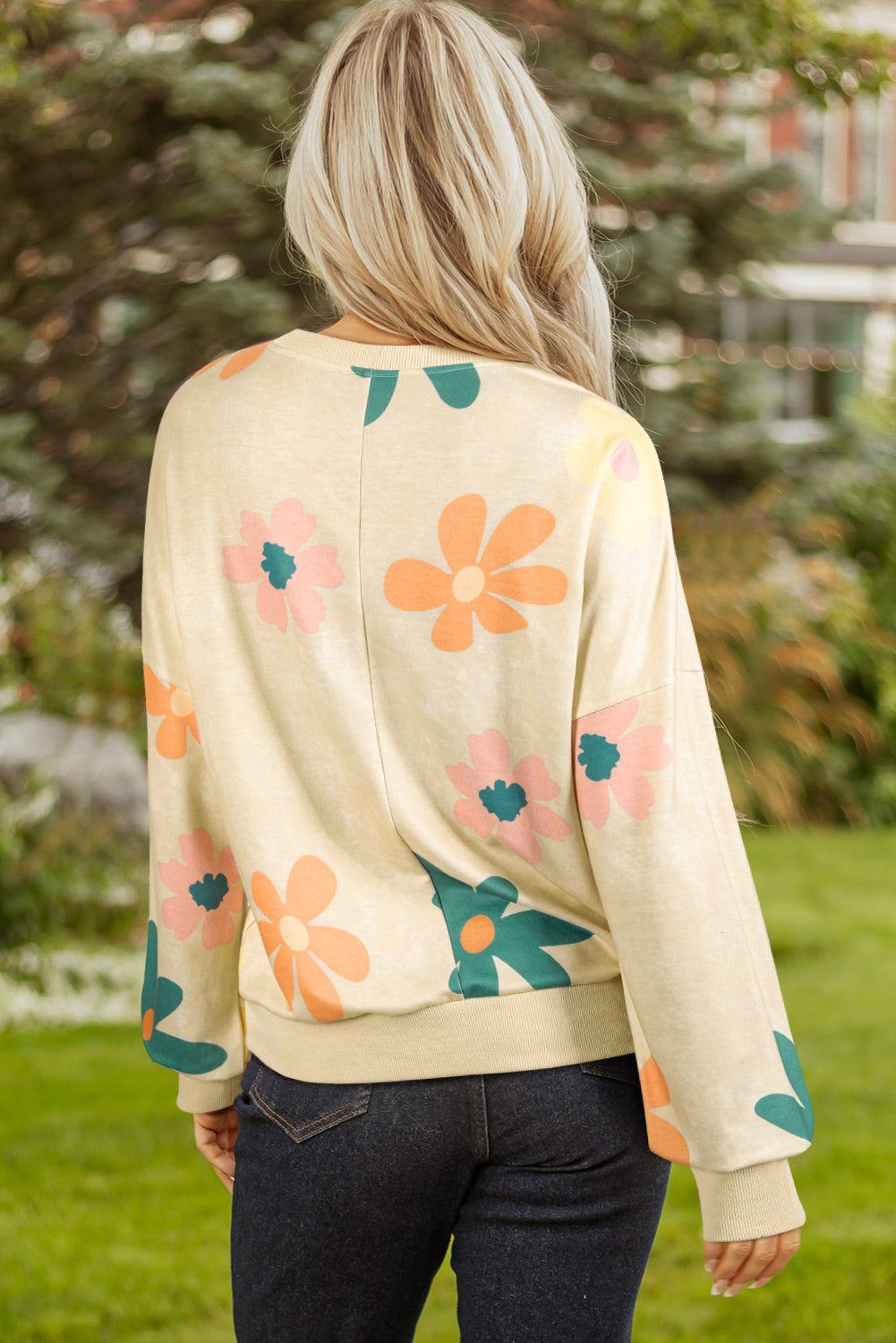 Khaki Flower Print Drop Shoulder Mineral Wash Sweatshirt