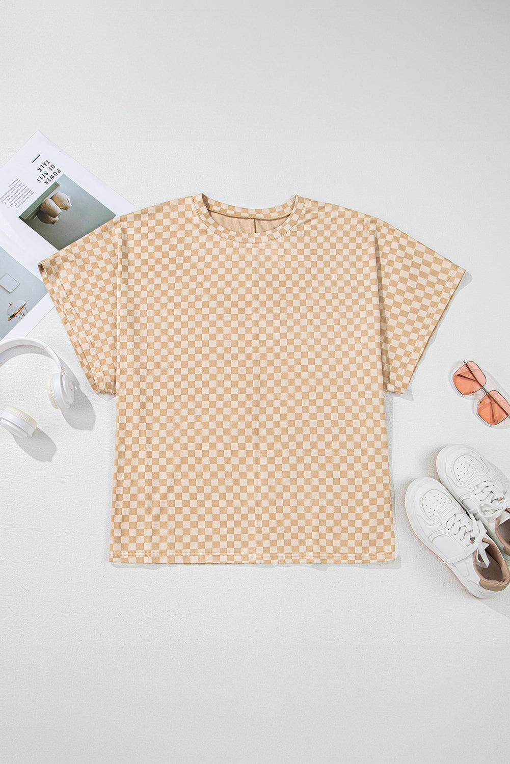 Khaki Checkered Batwing Sleeve Plus Size T Shirt