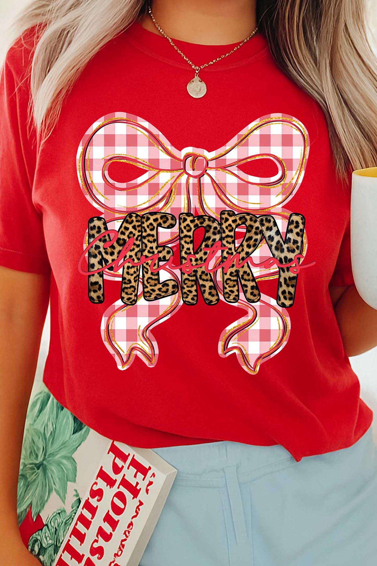 Red Leopard Merry Christmas Plaid Bow Graphic Holiday T Shirt