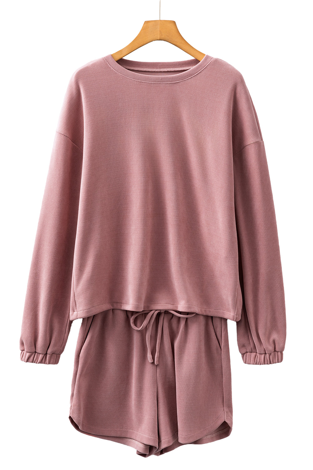 Jet Stream Textured Knit Drop Shoulder Pullover Drawstring Shorts Set