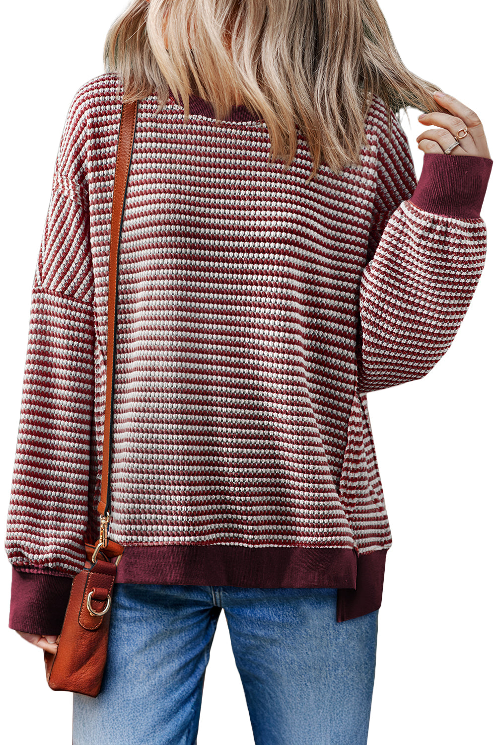 Red Stripe Ribbed Trim Drop Shoulder Long Sleeve Oversized Top