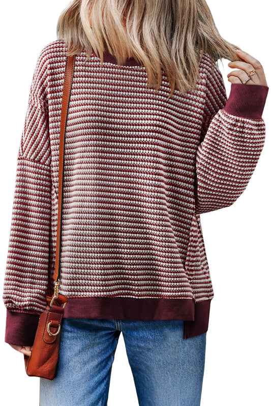 Red Stripe Ribbed Trim Drop Shoulder Long Sleeve Oversized Top