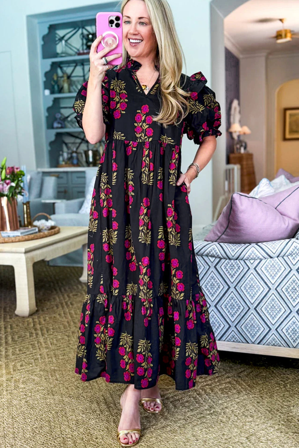 Beige Floral Short Bubble Sleeve Tiered Maxi Dress