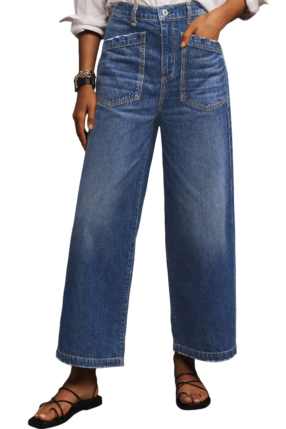 Brown Minimalist Patch Pocket High Waist Shift Jeans