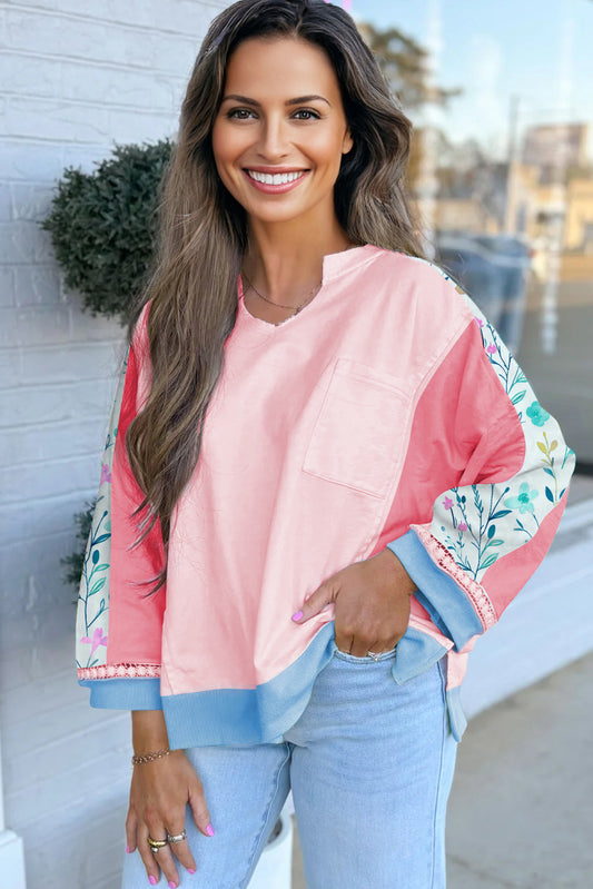 Light Pink Floral Colorblock Patchwork Notched Neck Long Sleeve Top