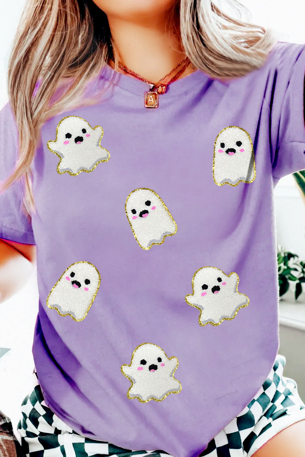 Wisteria Glitter Trim Chenille Ghost Sequins Patch Halloween Graphic Tee