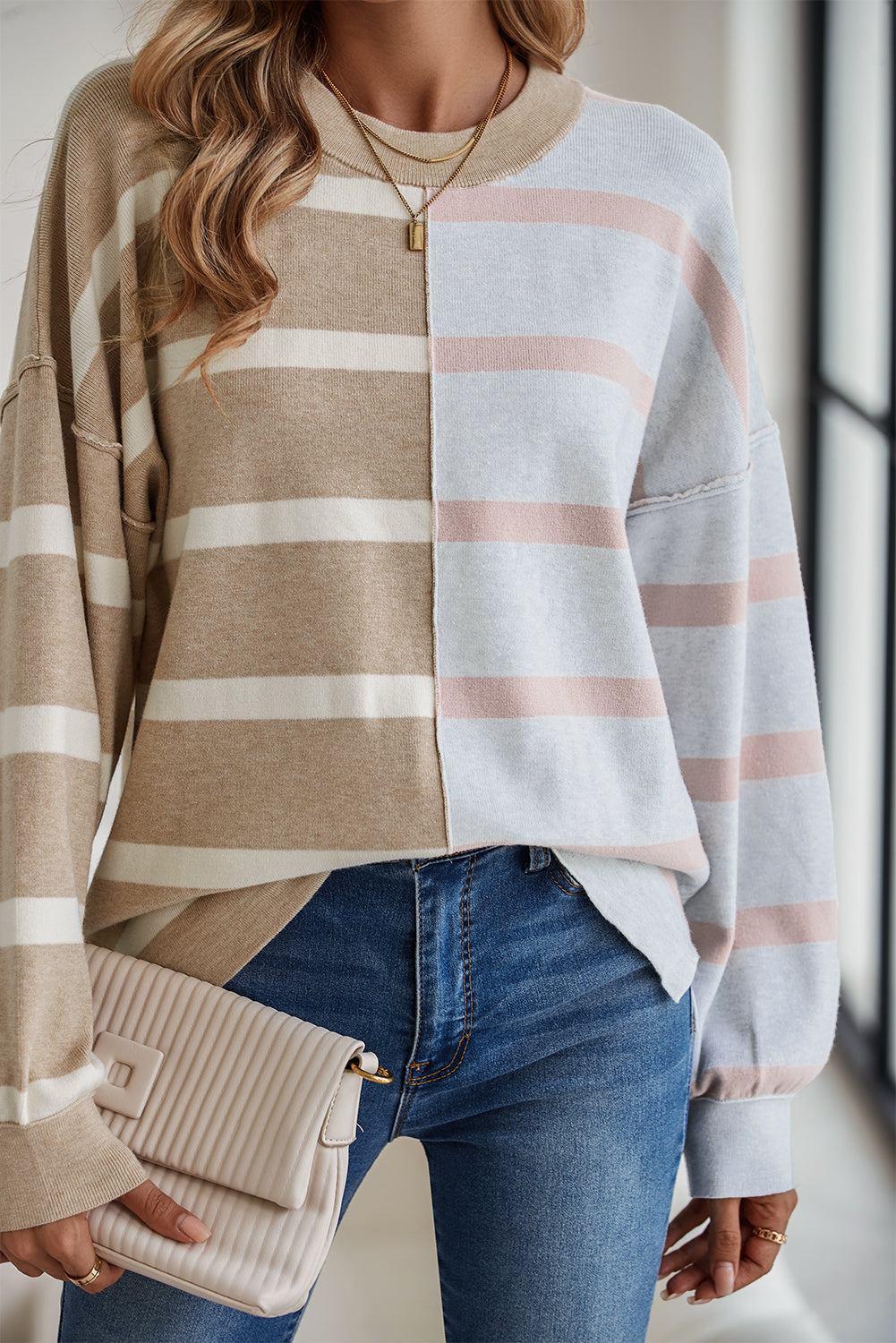 Blue Stripe Exposed Seam Patchwork Loose Sweater
