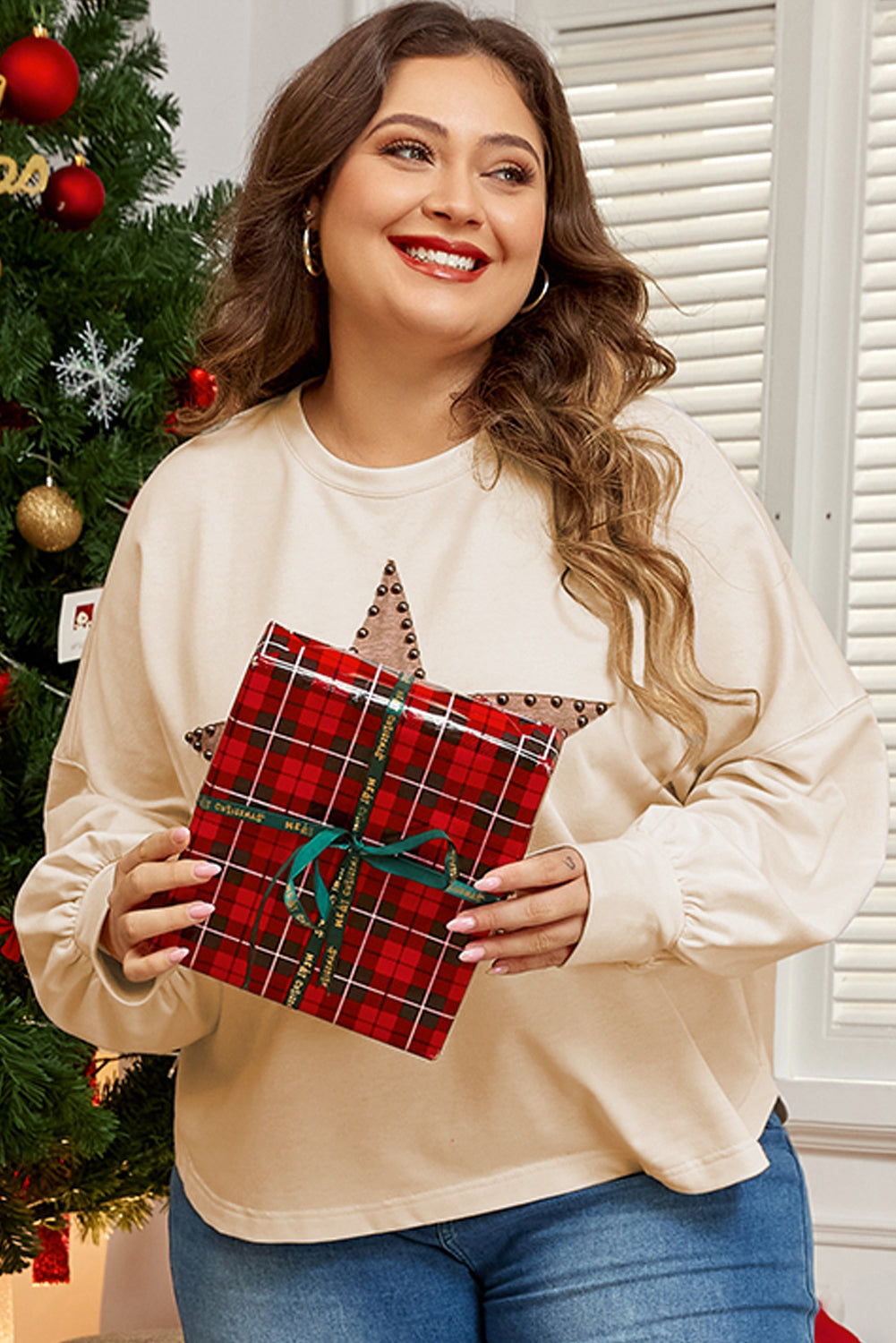 Beige Star Pattern Studded Crew Neck Plus Size Top