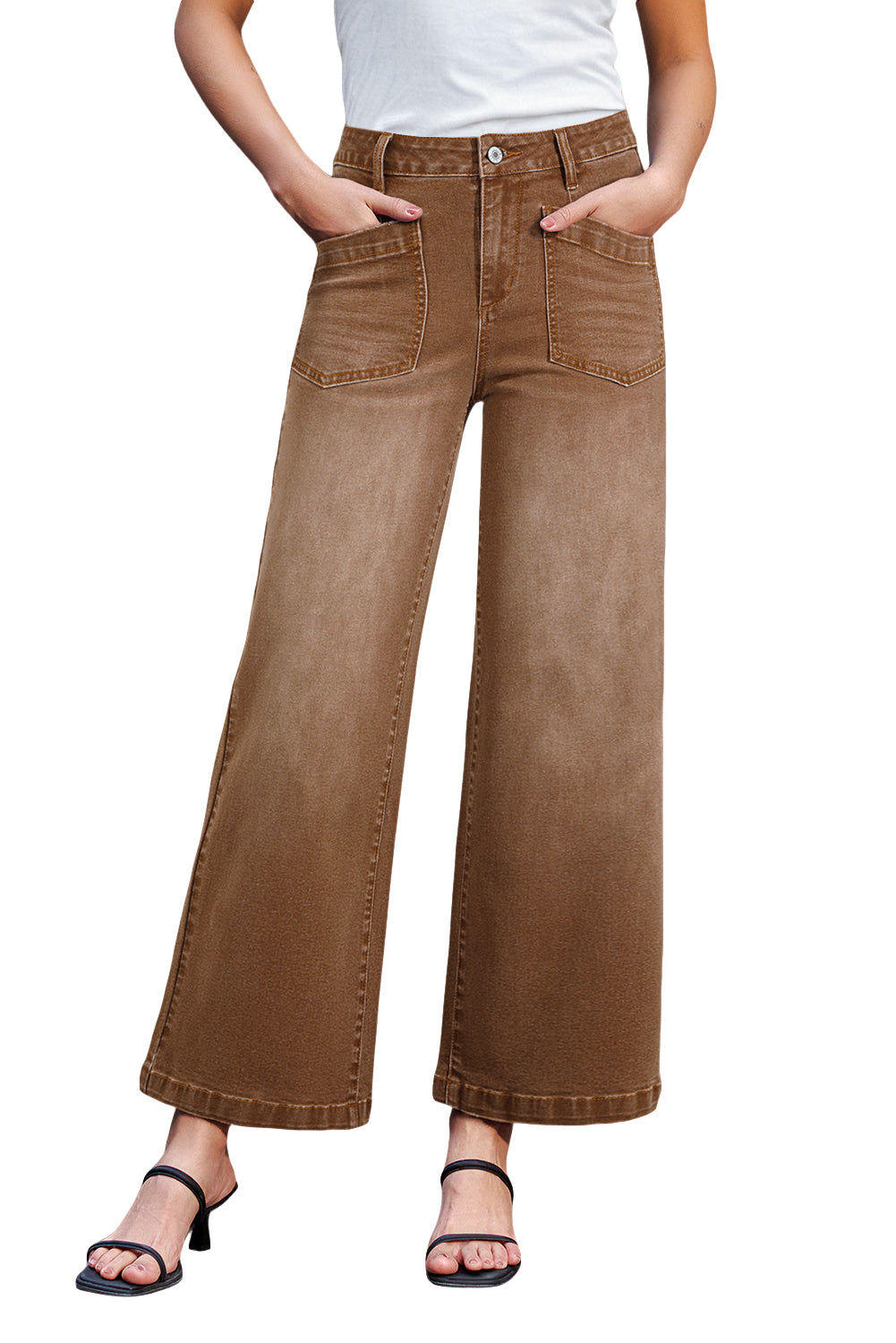 Brown Minimalist Patch Pocket High Waist Shift Jeans