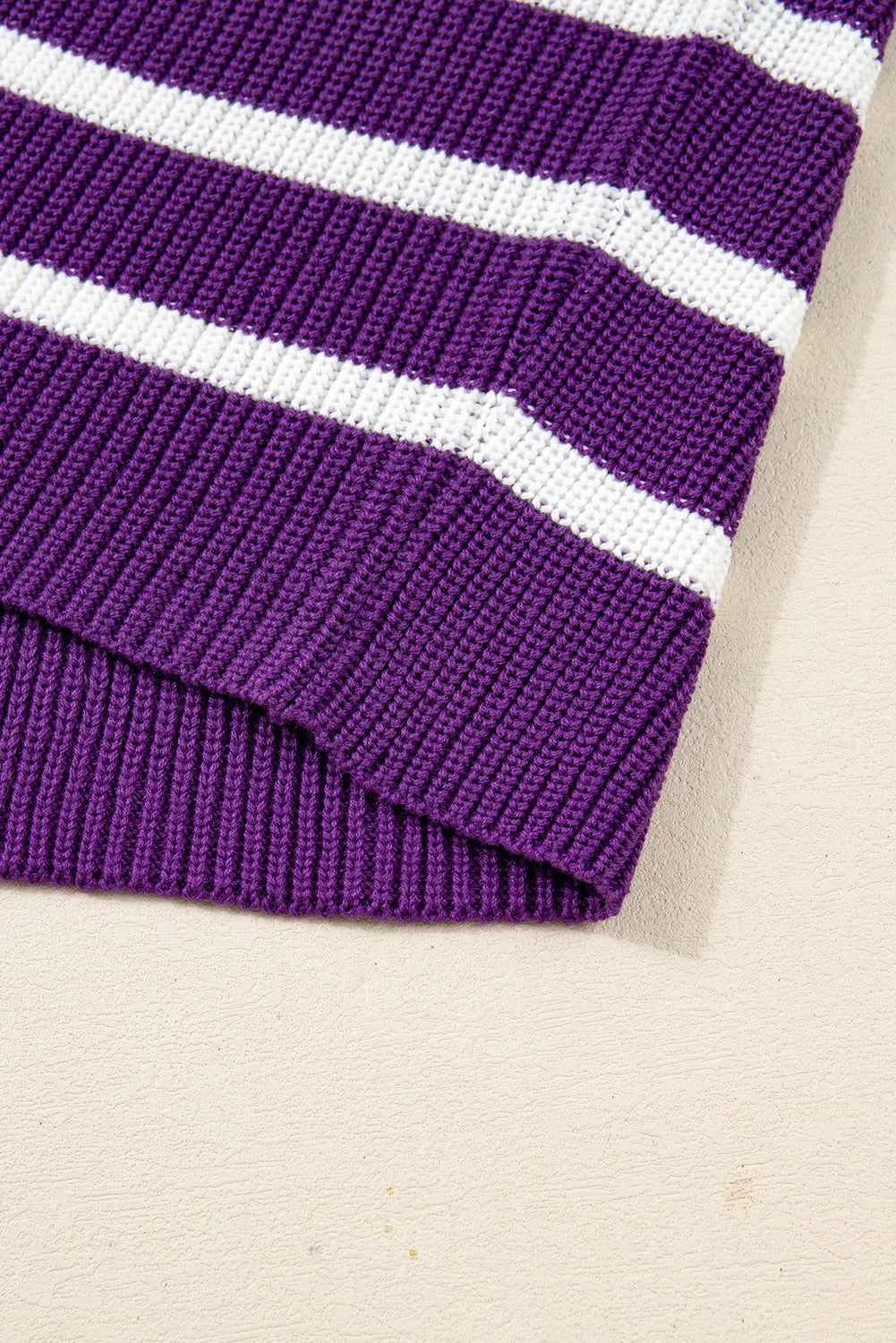 Purple Stripe Raw Edge Patched Pocket Short Sleeve Knit Sweater