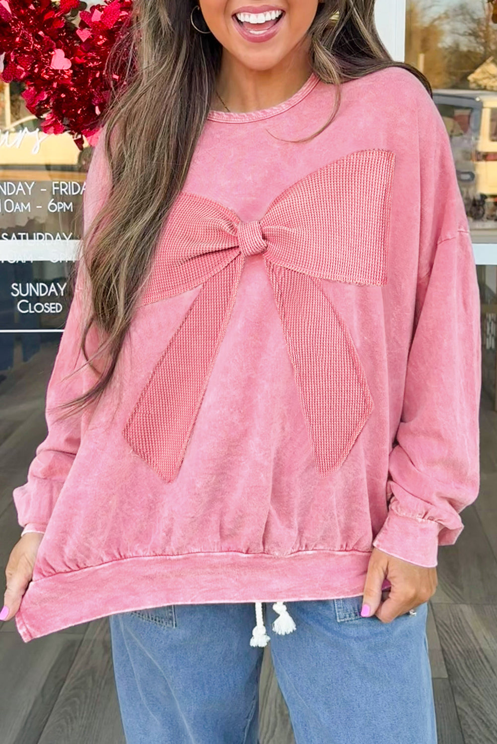 Orchid Bouquet Mineral Wash Waffle Bow Patched Pullover Sweatshirt