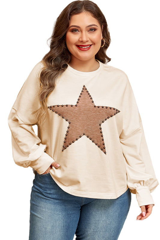 Beige Star Pattern Studded Crew Neck Plus Size Top